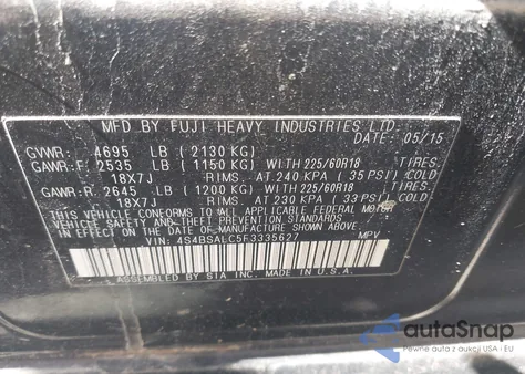 2015 Subaru Outback 2.5I Limited z USA, uszkodzony, nr VIN 4S4BSALC5F3335627